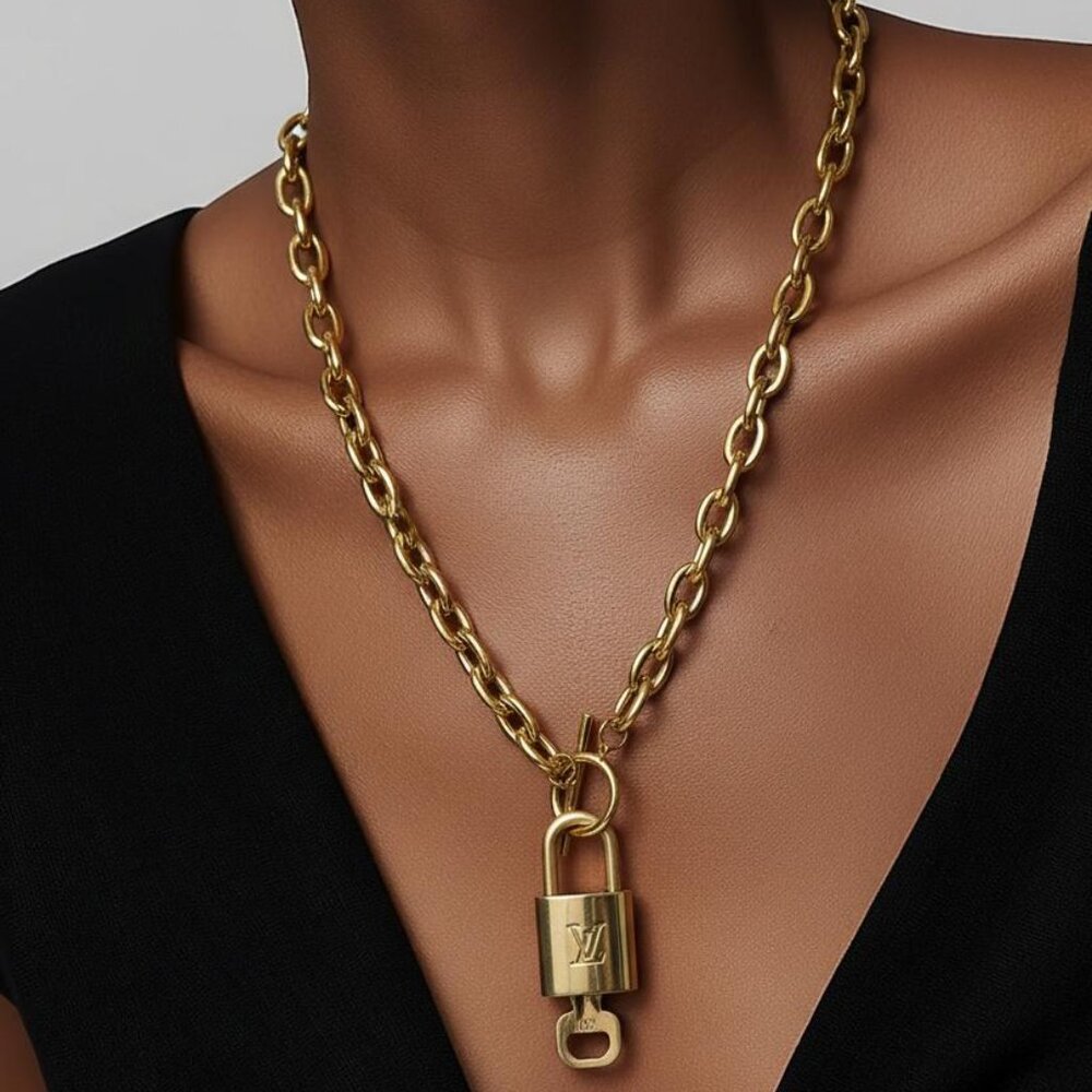 Authentic Louis Vuitton Gold Padlock w/Unbranded Stainless Steel Chain Necklace